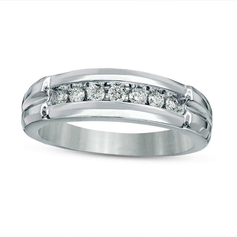0.75 CT. T.W. Quad Natural Diamond Comfort Fit Wedding Ensemble in Solid 14K White Gold - Size 7 and 10.5