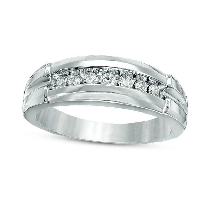 0.75 CT. T.W. Quad Natural Diamond Comfort Fit Wedding Ensemble in Solid 14K White Gold - Size 7 and 10.5