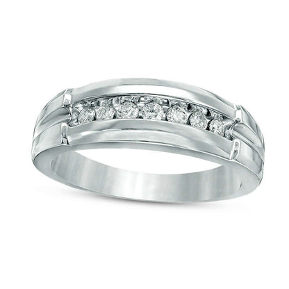 0.75 CT. T.W. Quad Natural Diamond Comfort Fit Wedding Ensemble in Solid 14K White Gold - Size 7 and 10.5