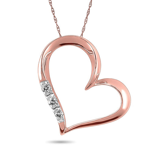Natural Diamond Accent Three Stone Tilted Heart Pendant in 10K Rose Gold
