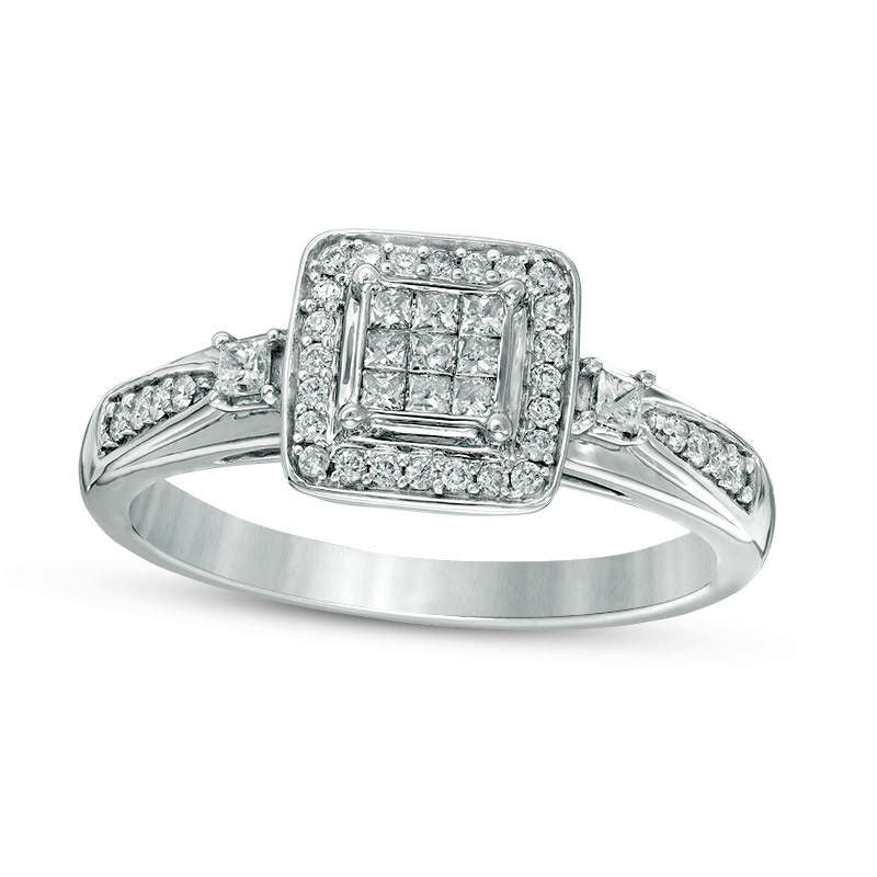 0.50 CT. T.W. Quad Frame Natural Diamond Wedding Ensemble in Solid 10K White Gold - Size 7 and 10