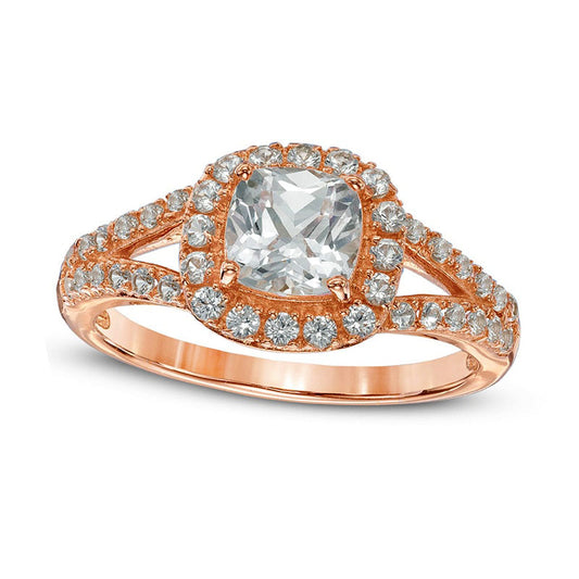 6.0mm Cushion-Cut Lab-Created White Sapphire Frame Ring in Sterling Silver with Solid 14K Rose Gold Plate - Size 7
