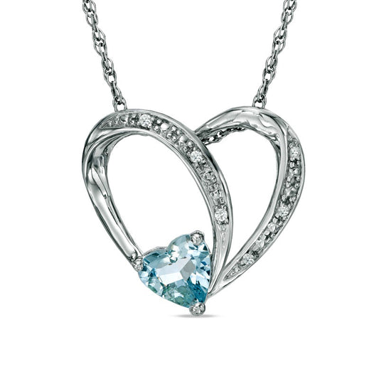 6.0mm Heart-Shaped Aquamarine and Lab-Created White Sapphire Heart Pendant in Sterling Silver