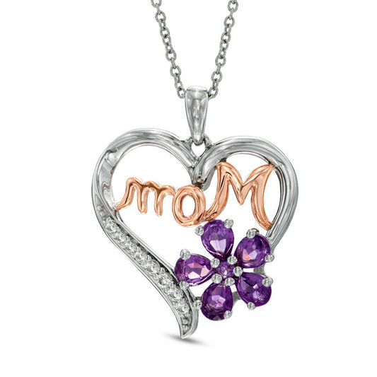 Pear-Shaped Amethyst and Lab-Created White Sapphire "MOM" Heart Pendant in Sterling Silver and 14K Rose Gold Plate