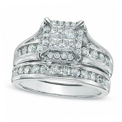 1.5 CT. T.W. Quad Princess-Cut Natural Diamond Bridal Engagement Ring Set in Solid 14K White Gold