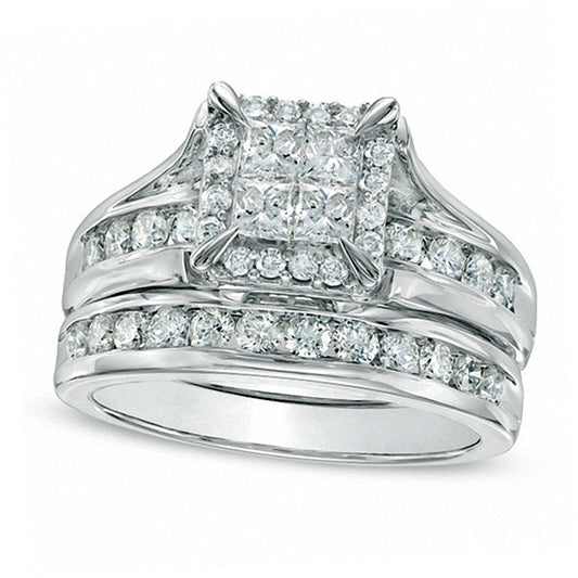 1.5 CT. T.W. Quad Princess-Cut Natural Diamond Bridal Engagement Ring Set in Solid 14K White Gold