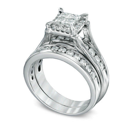 1.5 CT. T.W. Quad Princess-Cut Natural Diamond Bridal Engagement Ring Set in Solid 14K White Gold