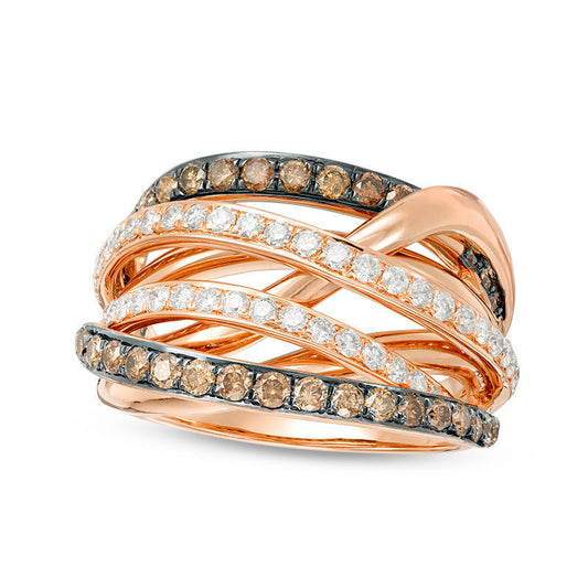 1.25 CT. T.W. Champagne and White Natural Diamond Layered Multi-Row Ring in Solid 14K Rose Gold