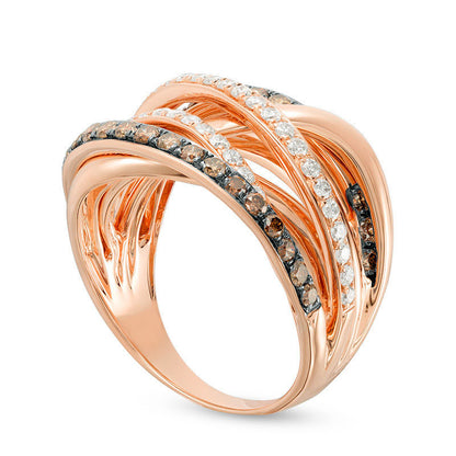 1.25 CT. T.W. Champagne and White Natural Diamond Layered Multi-Row Ring in Solid 14K Rose Gold