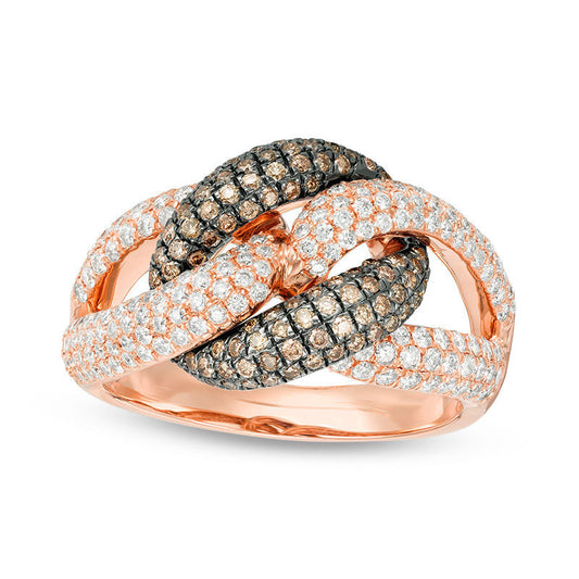 1.33 CT. T.W. Champagne and White Natural Diamond Interlocking Loops Ring in Solid 14K Rose Gold