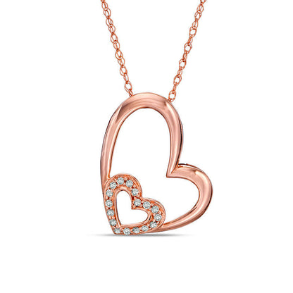 Natural Diamond Accent Tilted Double Heart Pendant in 10K Rose Gold