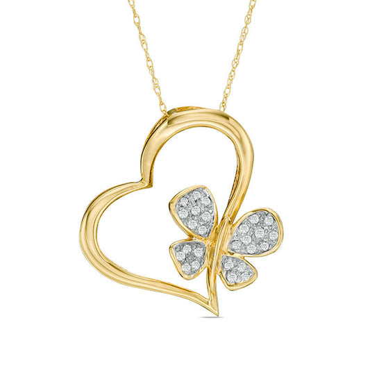 0.13 CT. T.W. Natural Diamond Butterfly Heart Pendant in 10K Yellow Gold
