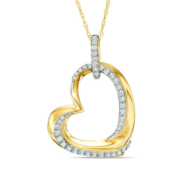 0.25 CT. T.W. Natural Diamond Swirl Tilted Heart Pendant in 10K Yellow Gold