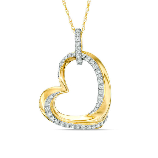 0.25 CT. T.W. Natural Diamond Swirl Tilted Heart Pendant in 10K Yellow Gold