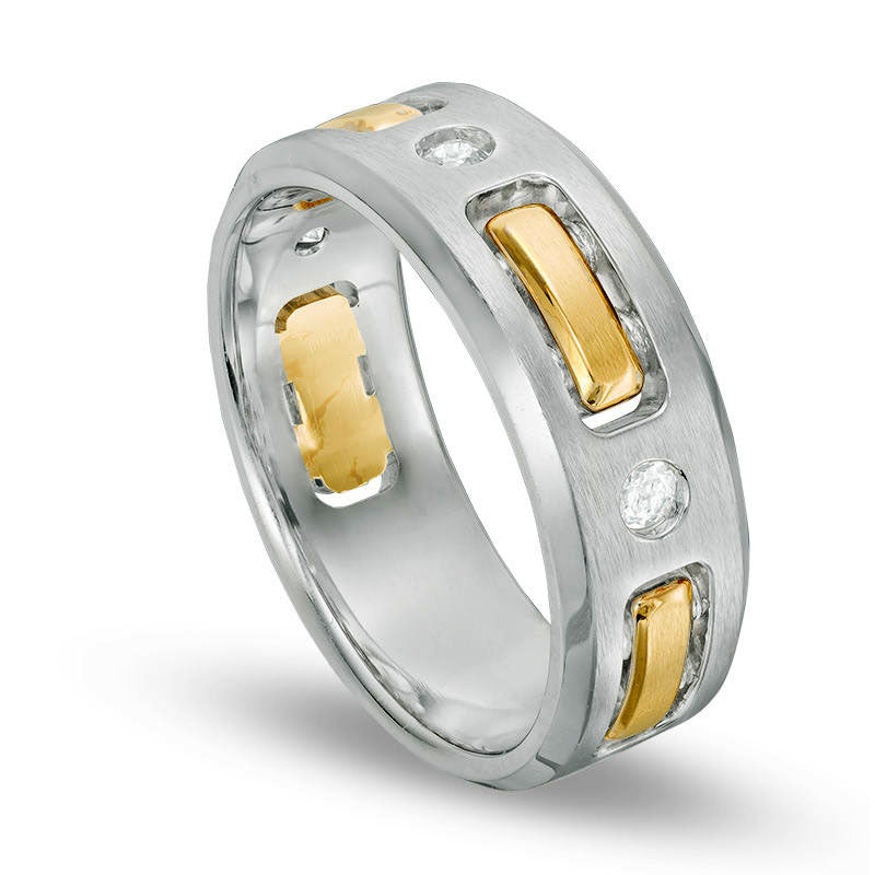 Men's 0.17 CT. T.W. Natural Diamond Three Stone Striped Wedding Band in Solid 10K Two-Tone Gold