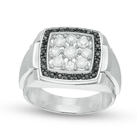 Men's 1.0 CT. T.W. Enhanced Black and White Natural Diamond Double Cushion Frame Signet Ring in Solid 10K White Gold