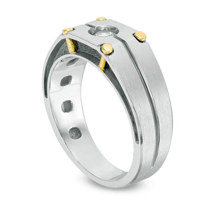 Men's 0.20 CT. Natural Clarity Enhanced Diamond Solitaire Brushed Wedding Band in Solid 10K Two-Tone Gold