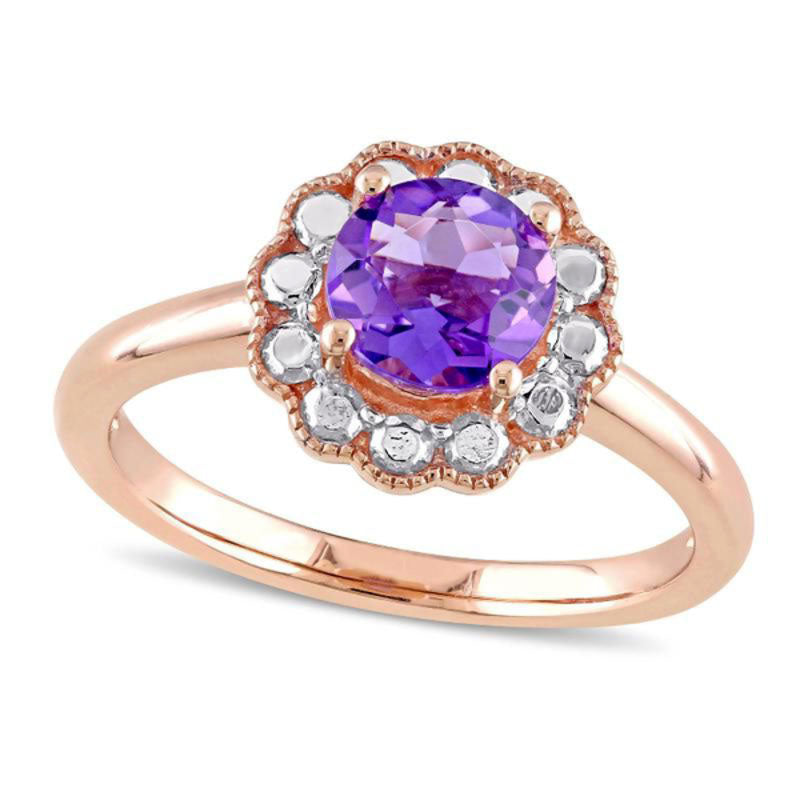 6.5mm Amethyst Flower Antique Vintage-Style Ring in Solid 10K Rose Gold