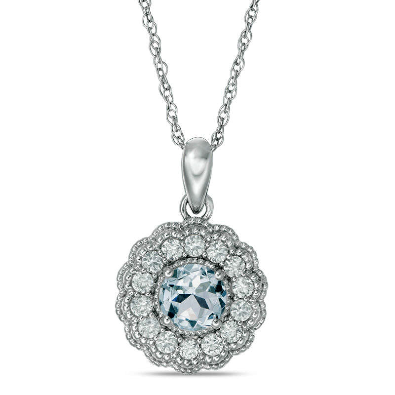 6.0mm Aquamarine and Lab-Created White Sapphire Flower Pendant in Sterling Silver