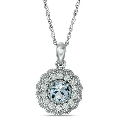 6.0mm Aquamarine and Lab-Created White Sapphire Flower Pendant in Sterling Silver
