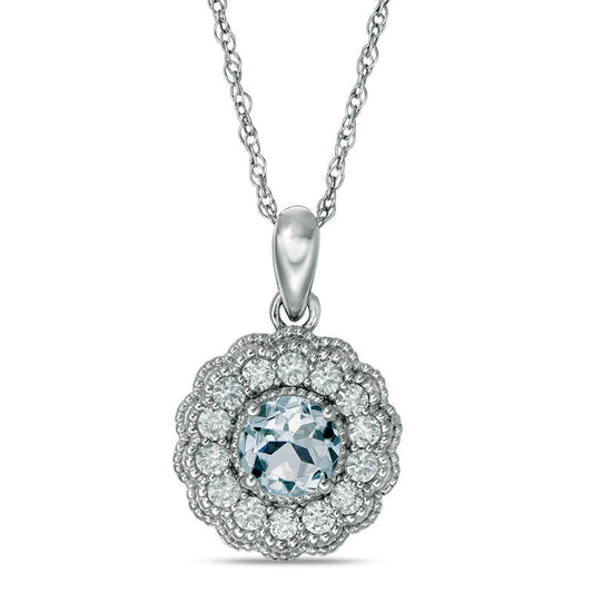 6.0mm Aquamarine and Lab-Created White Sapphire Flower Pendant in Sterling Silver