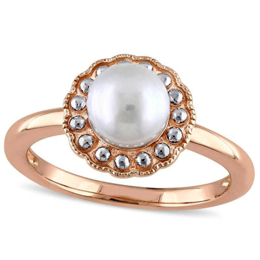 6.5 - 7.0mm Cultured Freshwater Pearl Flower Antique Vintage-Style Ring in Solid 10K Rose Gold