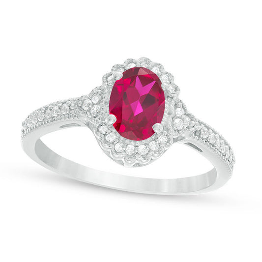 Oval Lab-Created Ruby and 0.13 CT. T.W. Diamond Frame Antique Vintage-Style Ring in Solid 10K White Gold