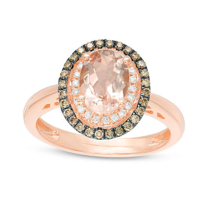 Oval Morganite and 0.25 CT. T.W. Champagne and White Natural Diamond Double Frame Ring in Solid 14K Rose Gold and Black Rhodium