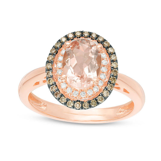 Oval Morganite and 0.25 CT. T.W. Champagne and White Natural Diamond Double Frame Ring in Solid 14K Rose Gold and Black Rhodium