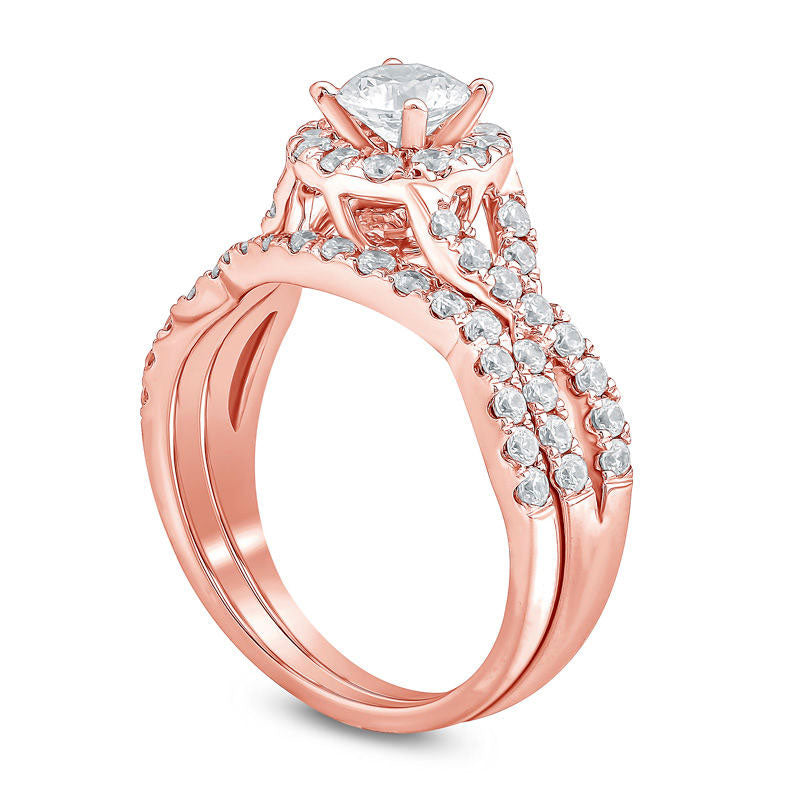 1.38 CT. T.W. Natural Diamond Frame Twist Bridal Engagement Ring Set in Solid 14K Rose Gold