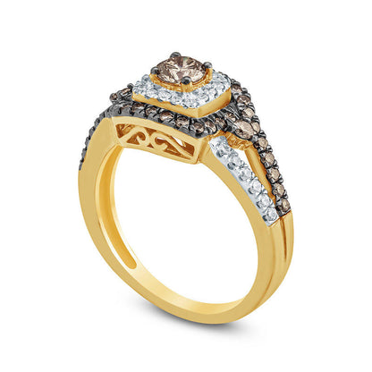 1.0 CT. T.W. Champagne and White Natural Diamond Frame Split Shank Engagement Ring in Solid 10K Yellow Gold