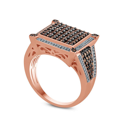 1.0 CT. T.W. Composite Champagne and White Natural Diamond Square Frame Ring in Solid 10K Rose Gold with Black Rhodium