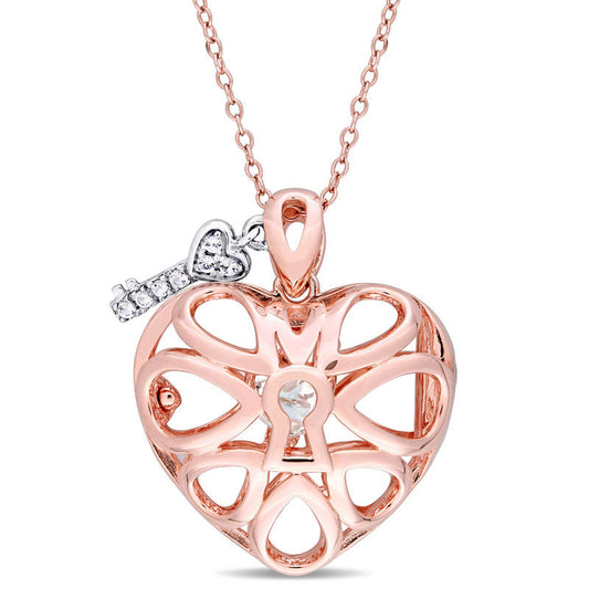 White Topaz Heart with Key Pendant in Two-Tone Sterling Silver