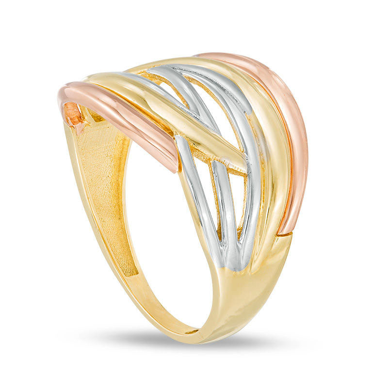 Layered Crossover Ring in Solid 10K Tri-Tone Gold - Size 7