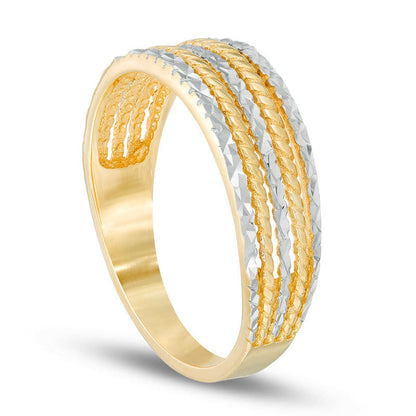 Alternating Natural Diamond-Cut and Rope Five Row Ring in Solid 14K Two-Tone Gold - Size 7
