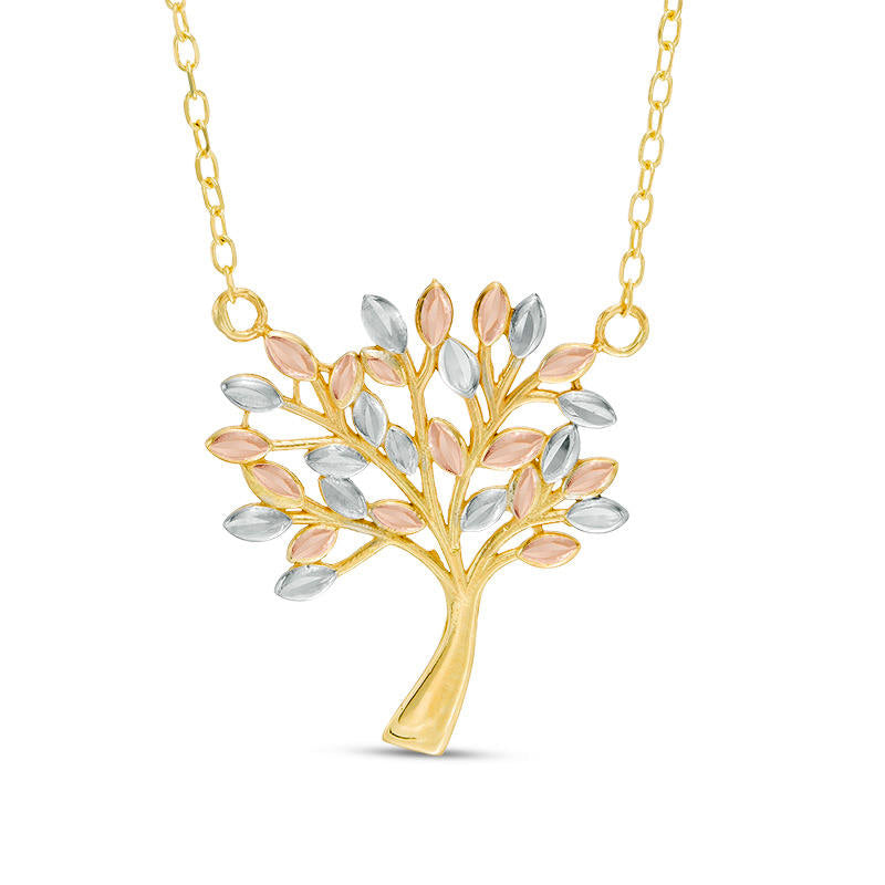 Natural Diamond-Cut Tree of Life Necklace in 14K Tri-Tone Gold