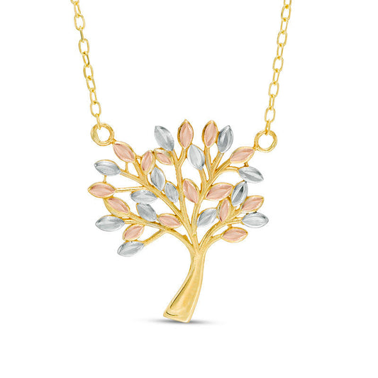 Natural Diamond-Cut Tree of Life Necklace in 14K Tri-Tone Gold