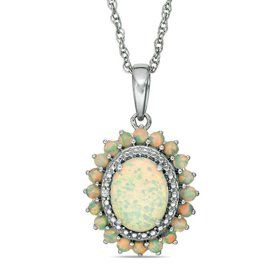 Oval Lab-Created Opal and White Sapphire Sunburst Frame Pendant in Sterling Silver