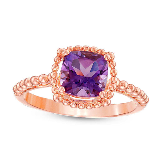 7.0mm Cushion-Cut Amethyst Beaded Ring in Solid 10K Rose Gold - Size 7