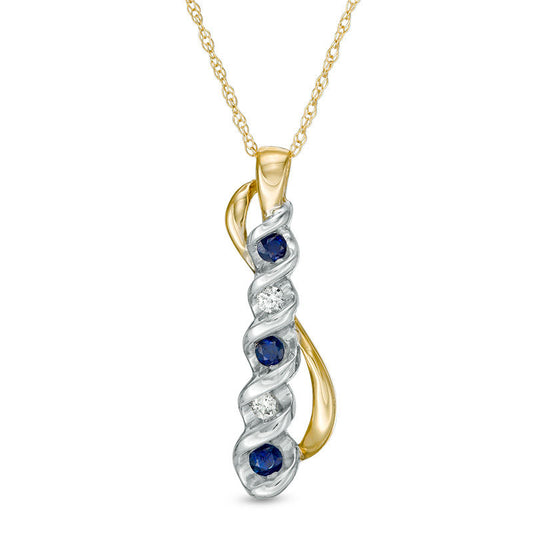 Blue Sapphire and Natural Diamond Accent Linear Overlay Pendant in 10K Two-Tone Gold
