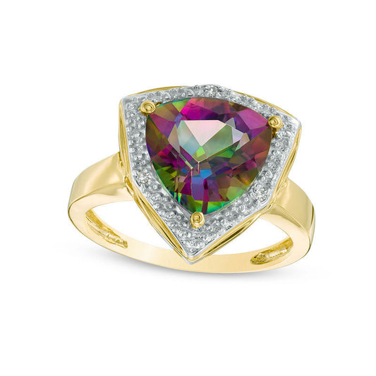 10.0mm Trillion-Cut Mystic Fire® Topaz and Natural Diamond Accent Frame Ring in Solid 10K Yellow Gold
