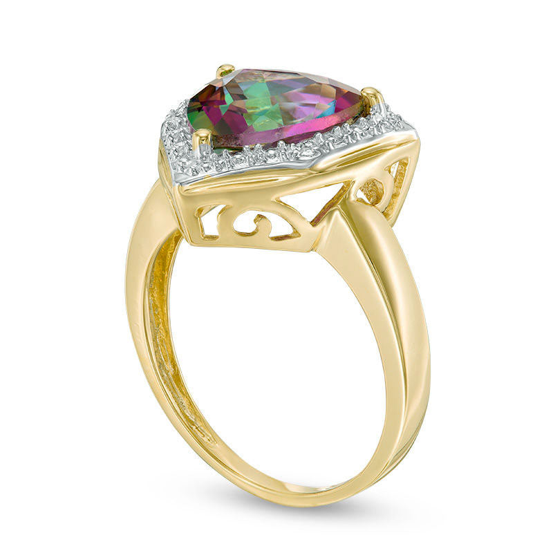 10.0mm Trillion-Cut Mystic Fire® Topaz and Natural Diamond Accent Frame Ring in Solid 10K Yellow Gold