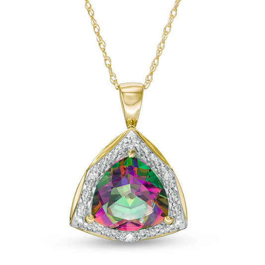 10.0mm Trillion-Cut Mystic Fire® Topaz and Natural Diamond Accent Frame Pendant in 10K Yellow Gold