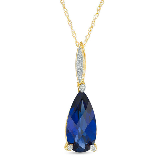 Pear-Shaped Lab-Created Blue Sapphire and Diamond Accent Drop Pendant in 10K Yellow Gold