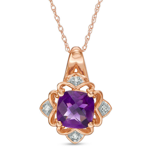 7.0mm Cushion-Cut Amethyst and Natural Diamond Accent Art Deco Pendant in 10K Rose Gold
