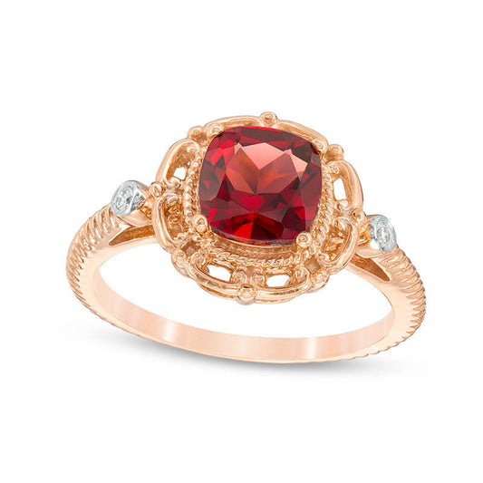 7.0mm Cushion-Cut Garnet and Natural Diamond Accent Ring in Solid 10K Rose Gold