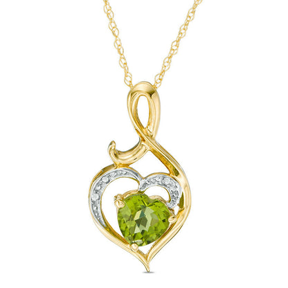 6.0mm Heart-Shaped Peridot and Natural Diamond Accent Swirl Heart Pendant in 10K Yellow Gold