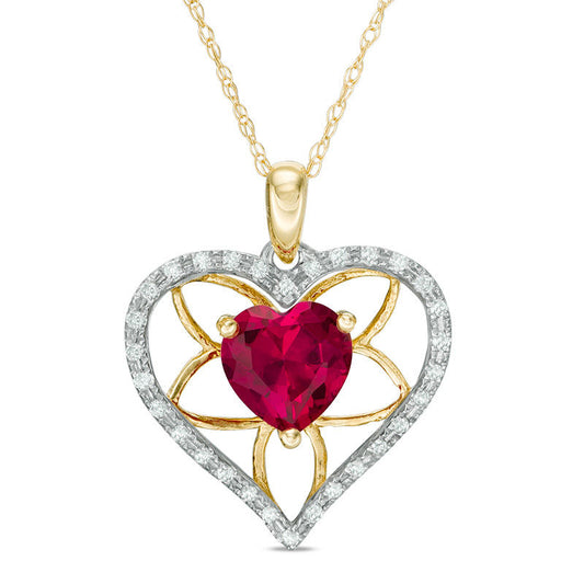 7.0mm Heart-Shaped Lab-Created Ruby and 0.13 CT. T.W. Diamond Floral Heart Pendant in 10K Yellow Gold