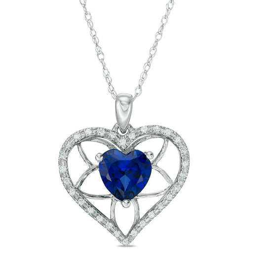 7.0mm Heart-Shaped Lab-Created Blue Sapphire and 0.13 CT. T.W. Diamond Floral Heart Pendant in 10K White Gold