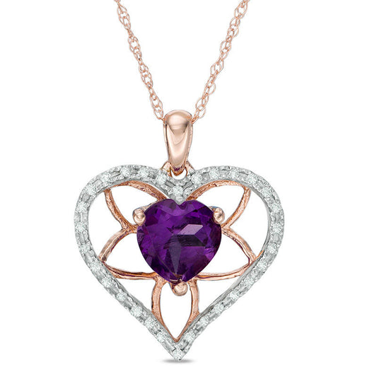 7.0mm Heart-Shaped Amethyst and 0.13 CT. T.W. Natural Diamond Floral Heart Pendant in 10K Rose Gold